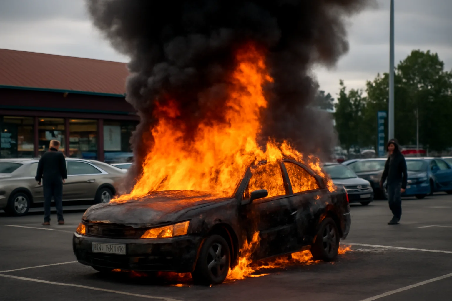 Autoturism în flăcări la un supermarket din Carei