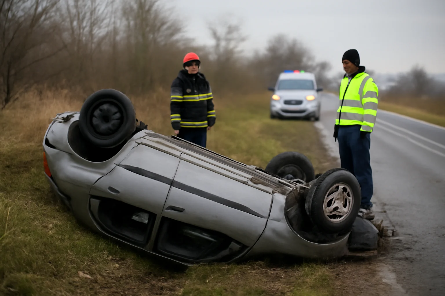 Autoturism răsturnat în afara carosabilului, în județul Satu Mare