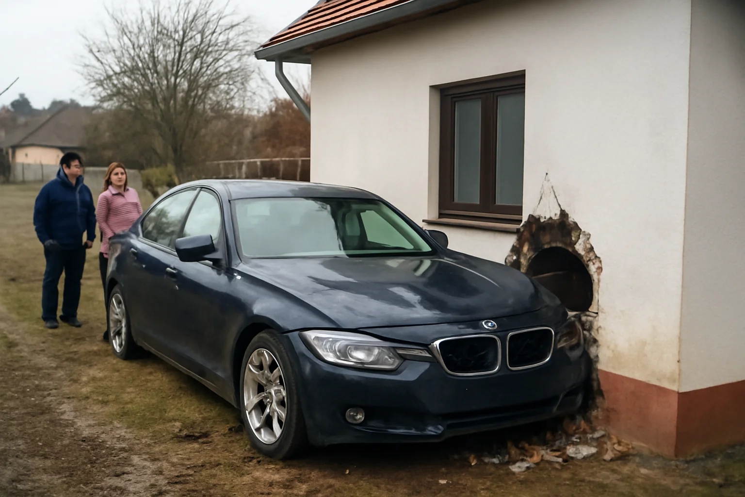 BMW scăpat de sub control a lovit o casă în Petin, județul Satu Mare