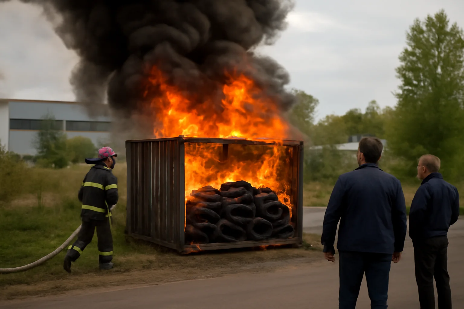 container plin cu cauciucuri a luat foc