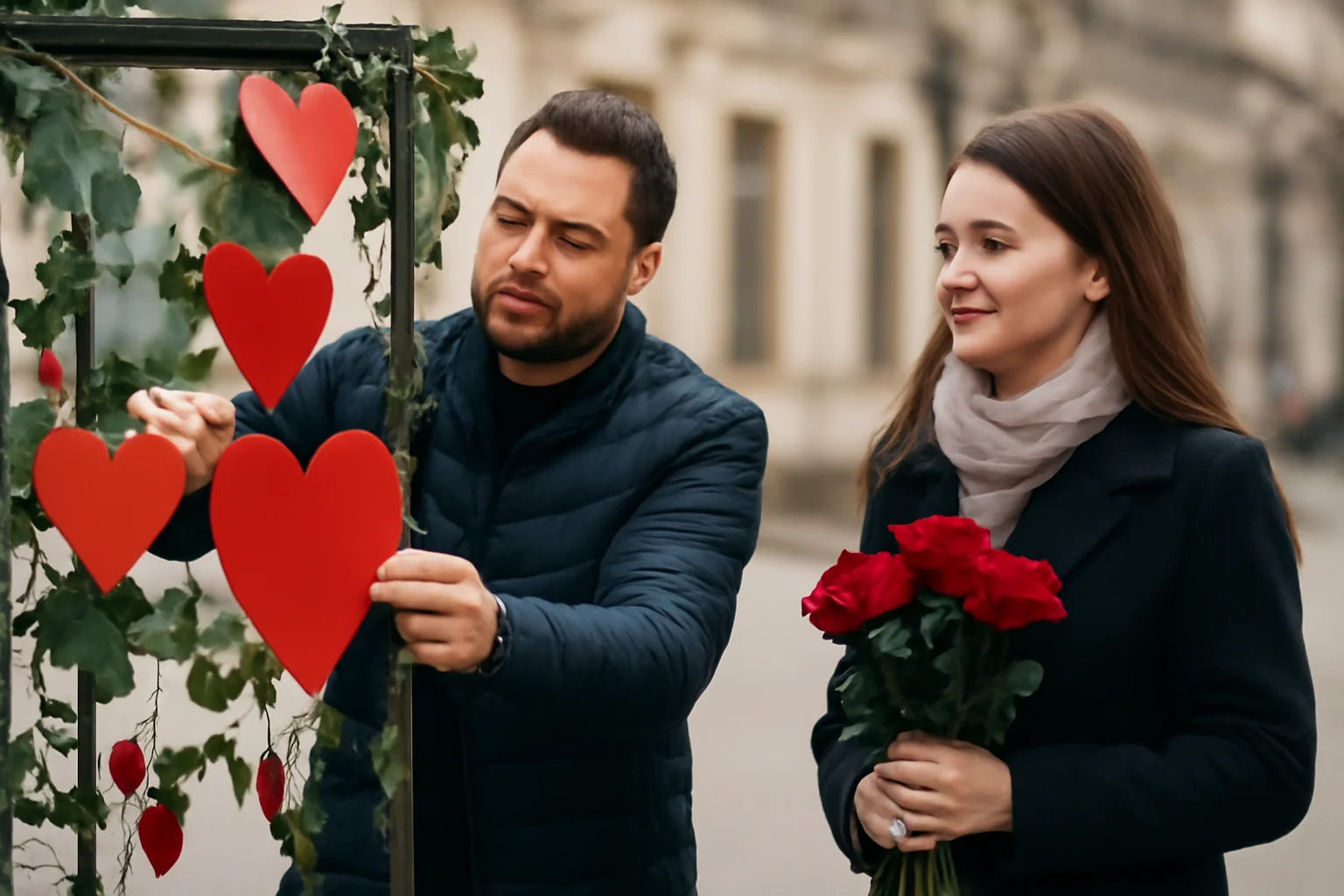 Decor romantic de Ziua Îndrăgostiților în oraș, creat în parteneriat cu GM Zamfirescu și administrația locală
