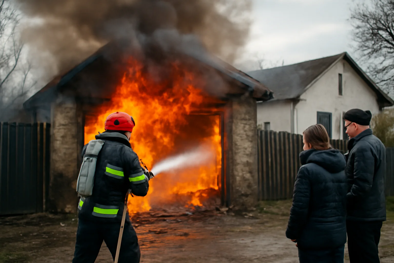 Garaj cuprins de flăcări la Mădăras, Satu Mare: pericol de explozie înlăturat de pompieri