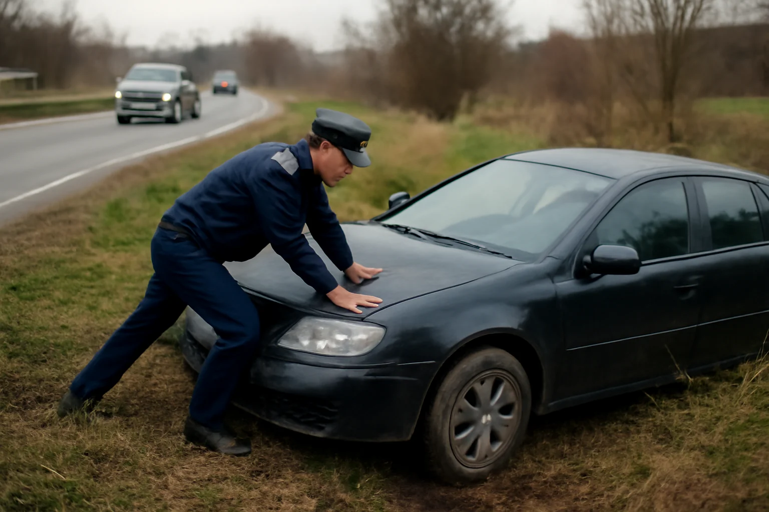Mașină ajunsă în șanț la curba podului din Băbășești, salvată de intervenția rapidă a unui polițist aflat în timpul liber