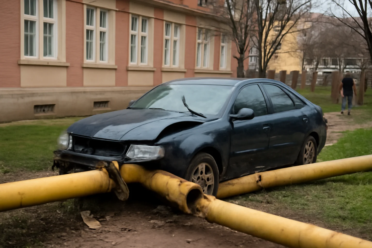 Mașină condusă de un tânăr șofer din Satu Mare a rupt două țevi de gaz și a ajuns în curtea unui liceu