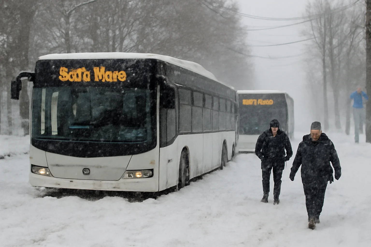 Trafic îngreunat la Satu Mare: autobuze blocate de zăpadă după ninsorile abundente